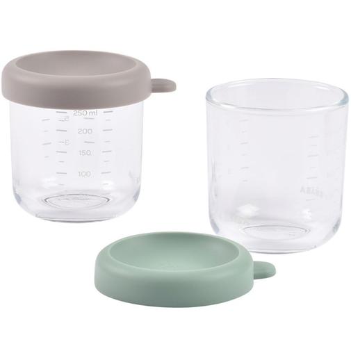 Béaba - Lot de 2 pots de conservation en verre 250 ml gris et vert d'eau