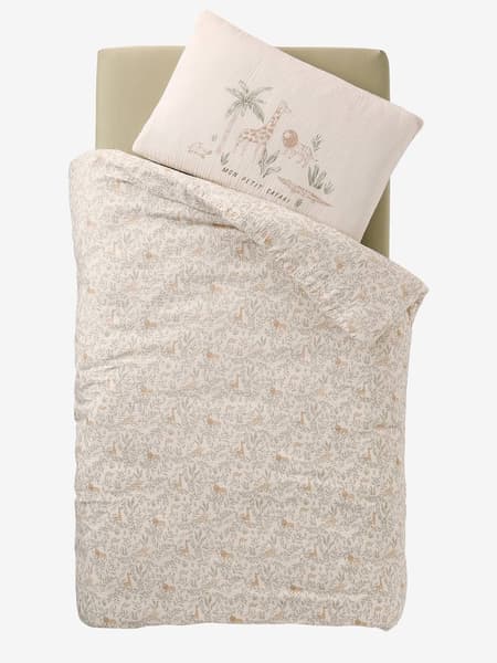 Vertbaudet - Parure housse de couette + taie d'oreiller bébé BABYLON beige imprimé - Vertbaudet