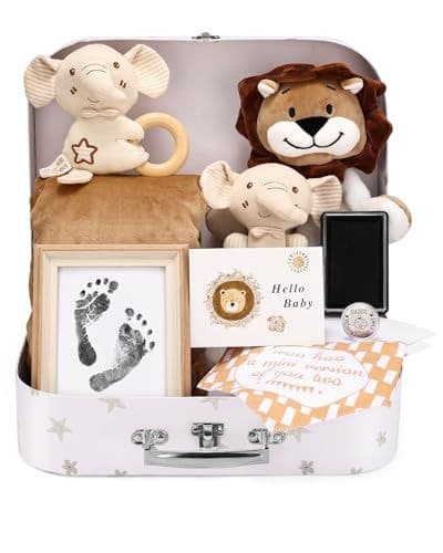Lictin - Lictin Cadeaux de Naissance Neutres, Pièce de Décision de Nouveaux Parents, Kit Empreinte Pieds Bébé, Doudou Lion, Couverture pour Bébé - 100% Coton - Cadeaux Créatifs pour Jeunes Parents