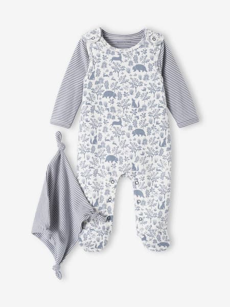 Vertbaudet - Ensemble naissance 3 pièces : combinaison + body + doudou en coton bio bleu jean - Vertbaudet