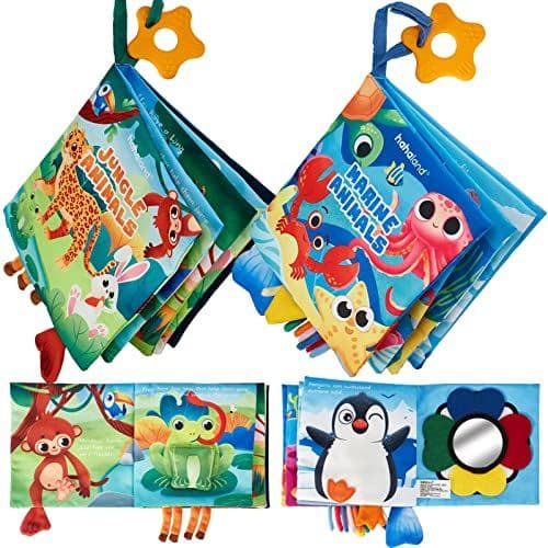 hahaland - hahaland Livre Tissu Bébé Eveil 0 3 6 Mois, Jouet Suspendre avec Noir et Blanc pour Poussettes, Livre Doux Froissé avec des Animaux Cadeau de Naissance pour Tout-Petit Garçon Fille