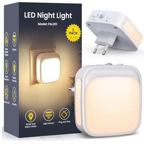 PALATALA - PALATALA Veilleuse Prise Electrique, Lot de 2 Veilleuses LED avec Capteur de Crépuscule, Luminosité réglable, Veilleuse Enfant pour Chambre, Cuisine, Couloir, Escalier, Salon, Blanc Chaud