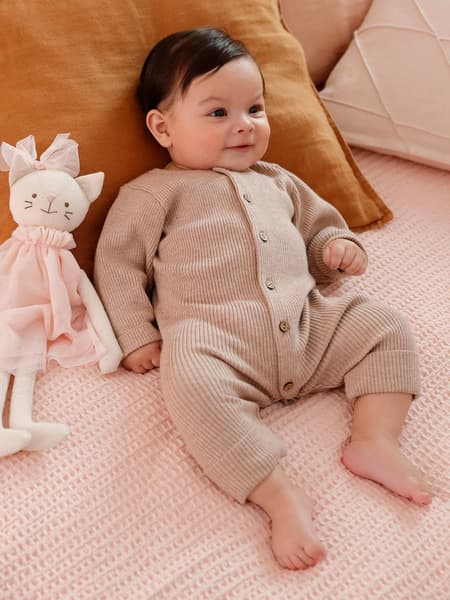 Vertbaudet - Combinaison en côtes bébé manches longues beige chiné - Vertbaudet