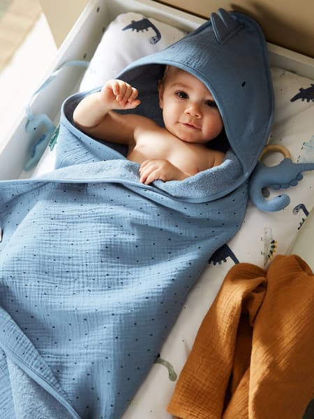 Vertbaudet - Cape de bain gaze de coton + gant de toilette PETIT DINO bleu - Vertbaudet