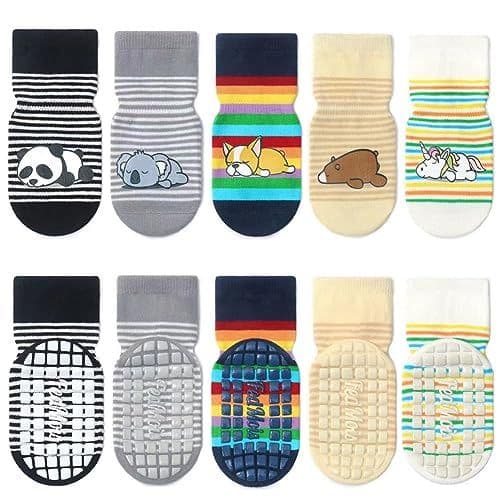 FedMois - FedMois 5 Paires Chaussettes Antidérapantes en Coton Bébé Enfant Motif Animaux, Animaux, 1-3 ans