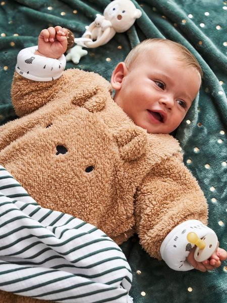 Vertbaudet - Gigoteuse hiver manches amovibles en polaire Ours GREEN FOREST beige foncé
