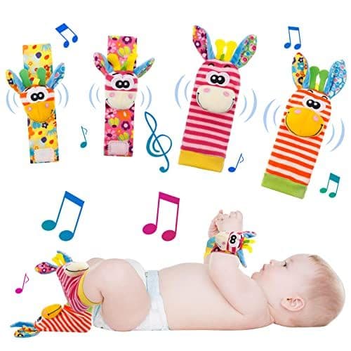 KroY PecoeD - KroY PecoeD Bébé Poignet et Chaussettes Hochet, 4 Pcs Hochet Bebe Bell Strap Poignet et Pied Finder Jouets d'éveil pour Tout-petits Garçons Filles Développement Sensoriel Cadeau