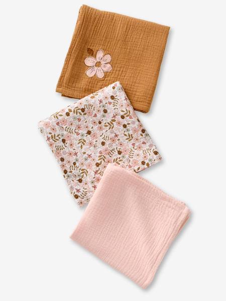 Vertbaudet - Lot de 3 langes en gaze de coton FLORA caramel