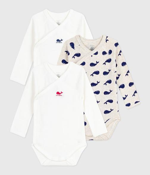 Petit Bateau - Lot de bodies croisés manches longues bébé mixte en coton imprimé baleine