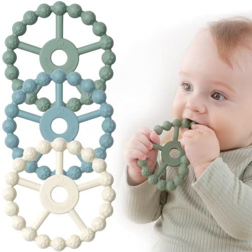 Seposeve - Anneau Dentition Bébé, Seposeve 3 paquet Silicone Jouet Dentition Bébé 6-12 mois, Anneau de Dentition Réfrigérant 12-24 mois, Facile à tenir, SANS BPA, Vert Bleu Blanc