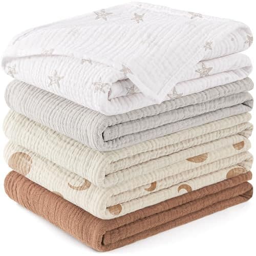 Susurration - Susurration Langes Coton BéBé 60x60cm,Lot de 5 Mousseline de Coton Carrés de Mousseline Super Absorbant de Mousseline à Grain pour Unisexe Bébé Filles et Garçons(Lune d'abricot)