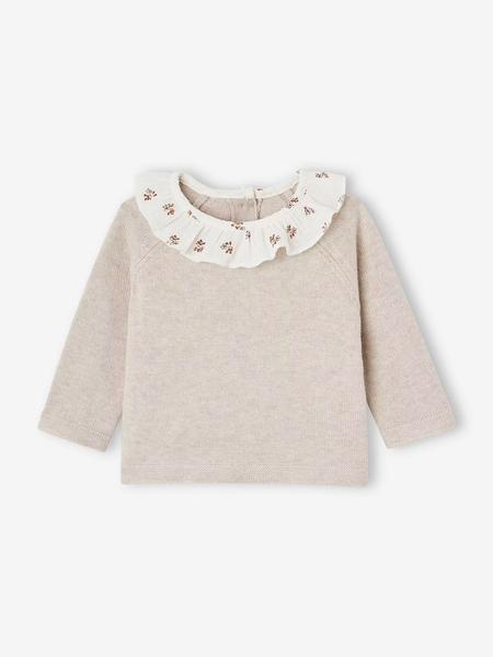 Vertbaudet - Pull bébé naissance à collerette fleurie beige chiné