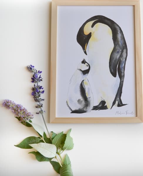 Les Aquarelles de Marlène - Affiche famille pingouin aquarelle pour chambre bébé et enfant