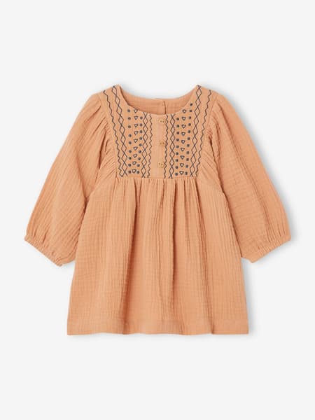 Vertbaudet - Robe brodée bébé en gaze de coton caramel