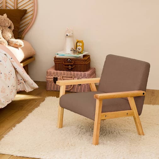 sweeek - Fauteuil Scandinave En Bouclette Et Bois Enfant Isak L 47 X P 43,5 X H 50cm Taupe
