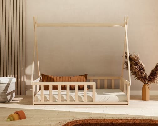 Webaby - Lit tipi au sol 70 x 140 en bois hêtre brut