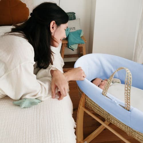 Premiers Moments - Couffin Avec Support à Bascule Bois, Habillage en Coton Bio - Azur