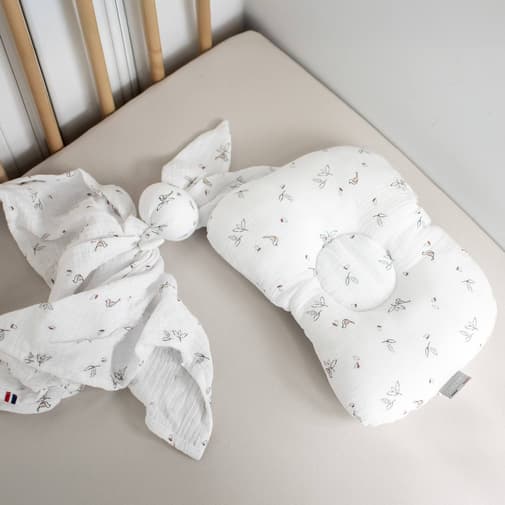 Sevira Kids - Coussin Cale-tête Ergonomique En Gaze De Coton Melody Melody, Blanc Imprimé Minimali
