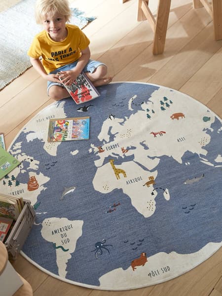 Vertbaudet - Tapis rond Mappemonde bleu / multicolore