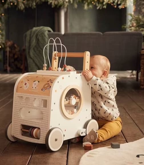 Vertbaudet - Chariot de marche cube d'activités avec freins en bois FSC® multicolore