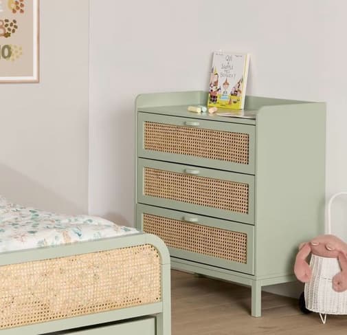 CAMIF - Commode 3 tiroirs effet bois et cannage vert sauge