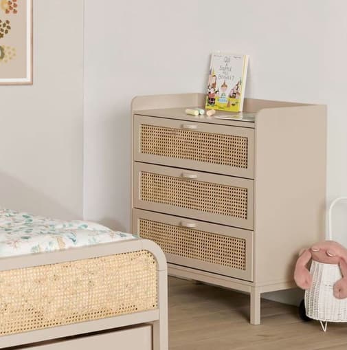 CAMIF - Commode 3 tiroirs effet bois et cannage beige