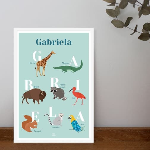 Papier Curieux - Affiche Abécédaire Animaux Personnalisable - Décoration Murale Enfant | Éducation Ludique - Imprimé en France - Vert - Vert