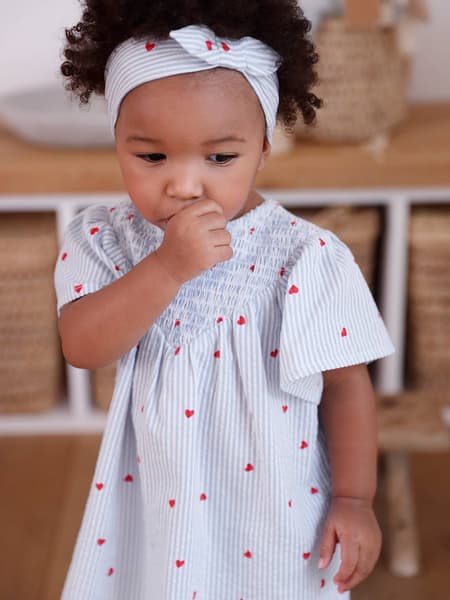 Vertbaudet - Ensemble en seersucker robe + short + bandeau bébé rayé bleu