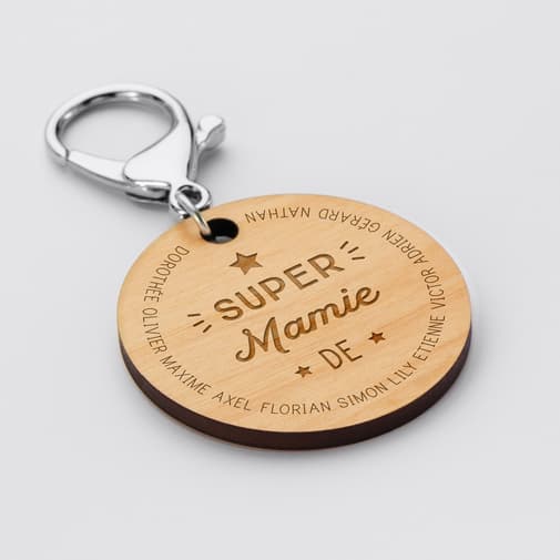 HappyBulle - Porte-clés personnalisé prénoms médaille gravée bois ronde 50 mm "Super Mamie"