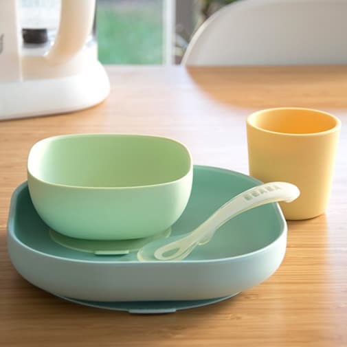 Béaba - Coffret repas en silicone jaune et vert (4 pièces)