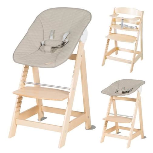Roba - Roba Chaise Haute Évolutive Born Up 2 En 1 + Transat Inclinable - Greyish Matelassé - Dès La Naissance - Bois Naturel Beige