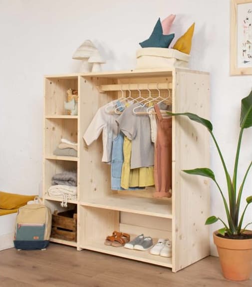 Hannun - Armoire montessori sapin massif naturel avec rotin