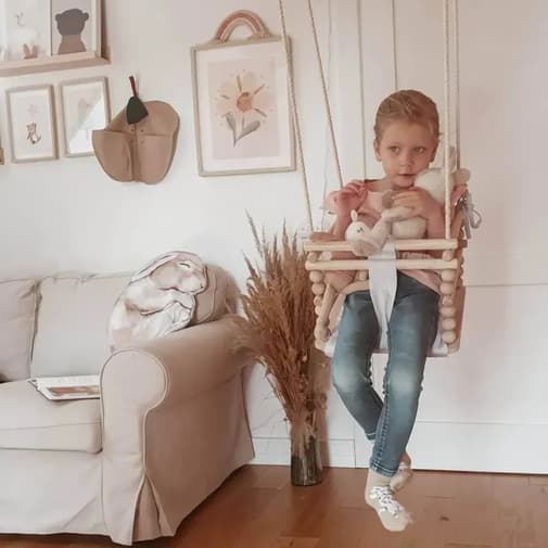 Babykare - Chaise suspendue bébé en bois avec harnais de sécurité & crochet gris clair