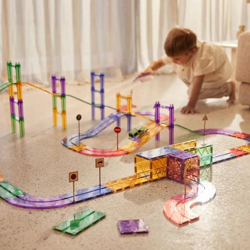 Cleverclixx - Blocs de construction magnétiques Cleverclixx Race Track Large Pastel 80 Pièces