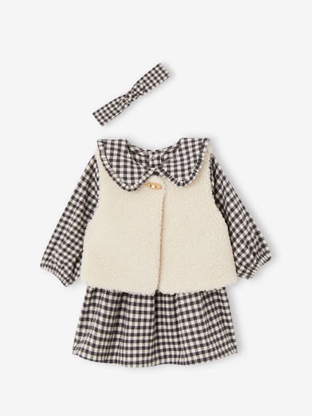 Vertbaudet - Ensemble 3 pièces bébé robe vichy + gilet + bandeau carreaux noir
