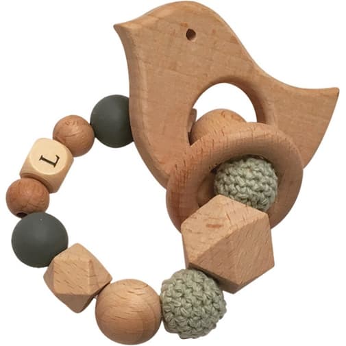 Tata Lucette - Anneau de dentition en bois Oiseau mint et ardoise (personnalisable)