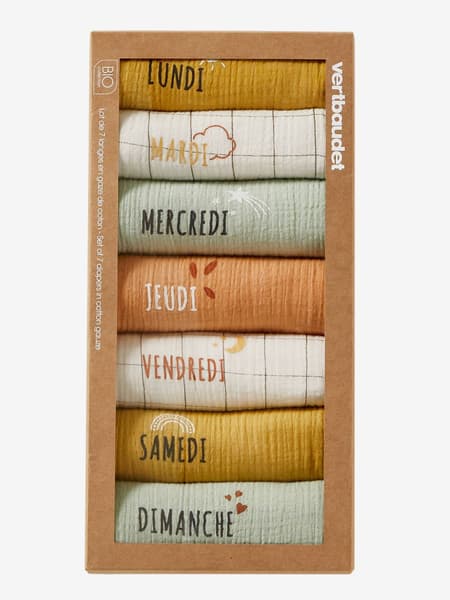 Vertbaudet - Coffret semainier de 7 langes en gaze de coton bio* blanc / multicolore