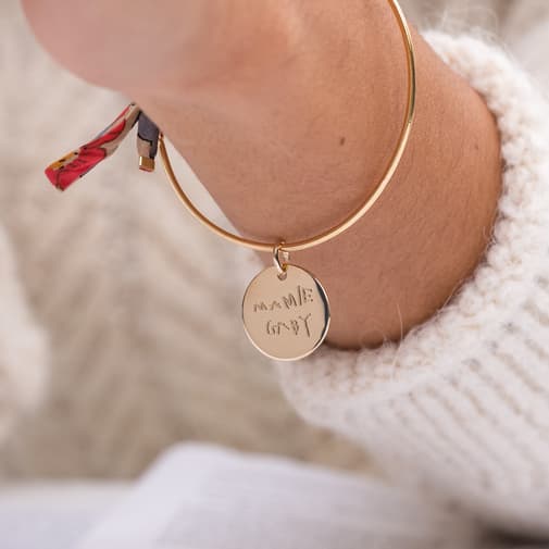 HappyBulle - Bracelet personnalisé jonc plaqué or et cordon Liberty médaille gravée 19 mm