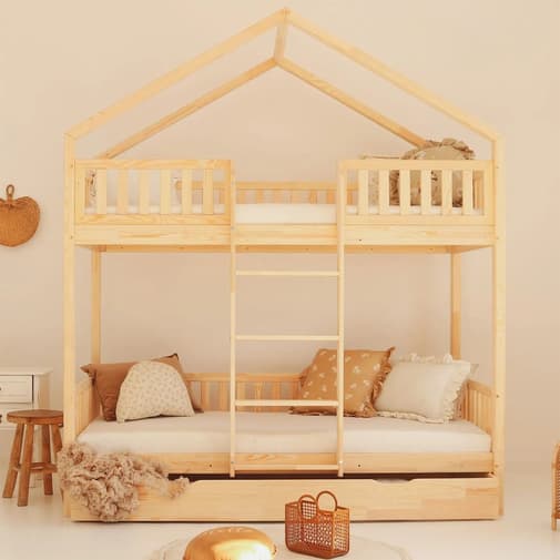 Petits meubles - Lit cabane superposé 90x190 barrière bois marron