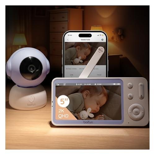 BOIFUN - BOIFUN Smart Babyphone Camera 5" 2K, Connecté Via WiFi ou Mode Local, Vision Nocturne sans Lumière Visible, Détection & Alerte Pleurs/Mouvements/Température/Humidité, Suivi Auto 360°, Autonomie 17h