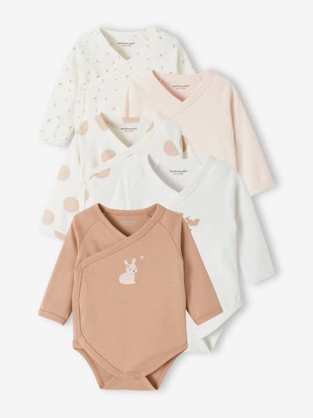 Vertbaudet - Lot de 5 bodies manches longues bébé ouverture naissance rose poudré