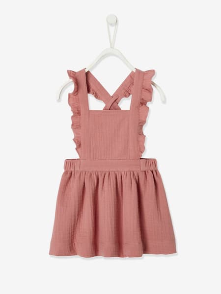 Vertbaudet - Robe bébé en gaze de coton bretelles à volants vieux rose