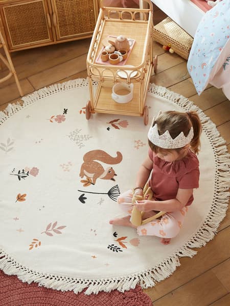 Vertbaudet - Tapis rond écureuil à pompons Princesse Nature écru / multicolore