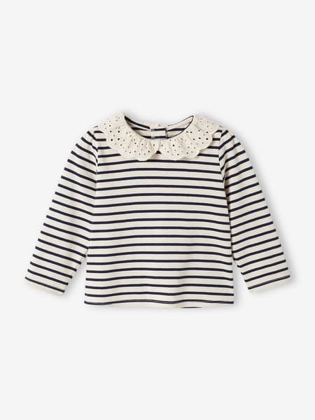 Vertbaudet - T-shirt bébé col brodé manches longues rayé marine