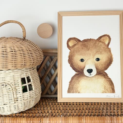 Les Aquarelles de Marlène - Affiche ourson aquarelle Jack, Poster animal pour chambre bébé et enfant