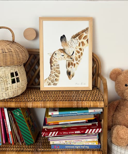 Les Aquarelles de Marlène - Affiche famille girafe aquarelle pour chambre bébé et enfant