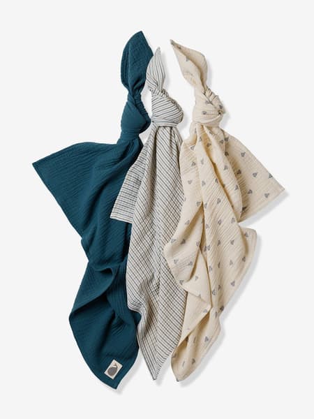 Vertbaudet - Lot de 3 langes en gaze de coton NAVY SEA lot bleu