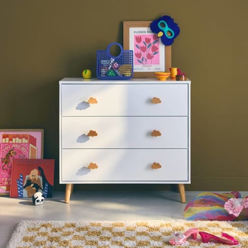 sweeek - Commode enfant, 3 tiroirs avec poignée nuage, blanche