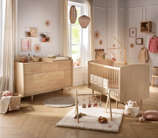 Sauthon - Chambre bébé évolutive My Love, Lit 140x70 évolutif et Commode à langer - Chêne Vintage