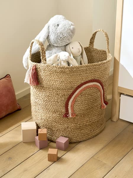 Vertbaudet - Panier de rangement Arc-en-ciel en jute avec pompons beige